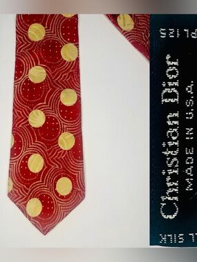 Vintage DIOR Art Deco Red & Gold Patterned 100% Italian Silk Classic Tie, 3.5”